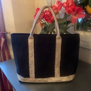 Victoria’s Secret large BLACK footed tote bag. GOLD and SILVER braided trim.
